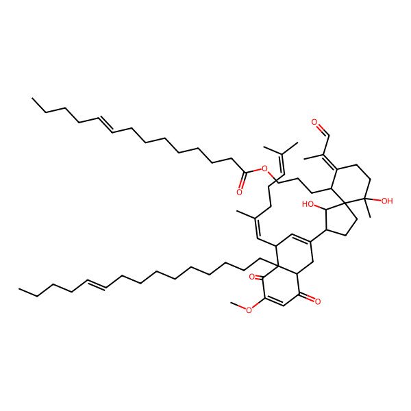 2D Structure of 3-[3-[4-(2,6-dimethylhepta-1,5-dienyl)-6-methoxy-5,8-dioxo-4a-pentadec-10-enyl-4,8a-dihydro-1H-naphthalen-2-yl]-4,10-dihydroxy-10-methyl-7-(1-oxopropan-2-ylidene)spiro[4.5]decan-6-yl]propyl tetradec-9-enoate