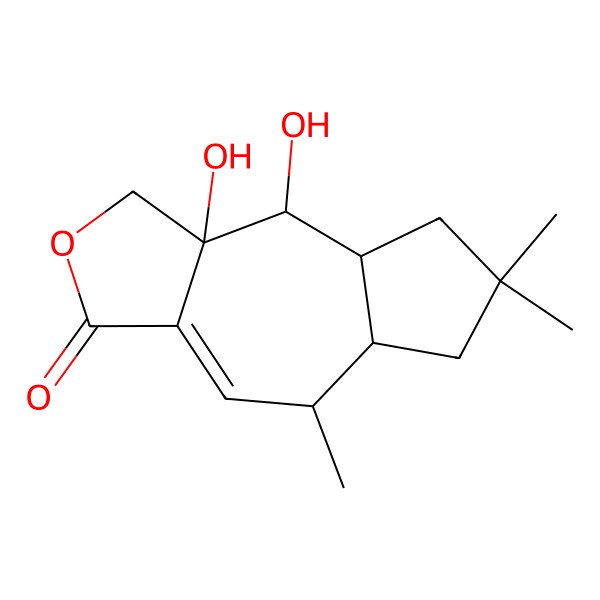 2D Structure of (5S,5aR,8aR,9S,9aS)-9,9a-dihydroxy-5,7,7-trimethyl-5,5a,6,8,8a,9-hexahydro-1H-azuleno[5,6-c]furan-3-one