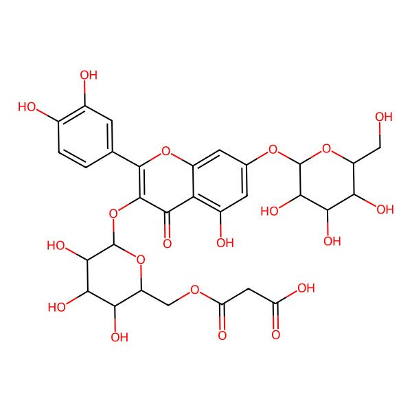 2D Structure of 3-[[(2R,3S,4S,5S,6S)-6-[2-(3,4-dihydroxyphenyl)-5-hydroxy-4-oxo-7-[(2S,3S,4S,5S,6S)-3,4,5-trihydroxy-6-(hydroxymethyl)oxan-2-yl]oxychromen-3-yl]oxy-3,4,5-trihydroxyoxan-2-yl]methoxy]-3-oxopropanoic acid