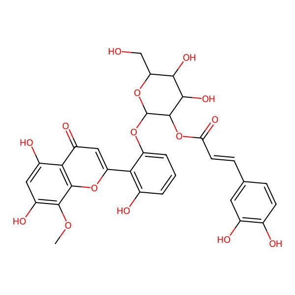 2D Structure of [2-[2-(5,7-Dihydroxy-8-methoxy-4-oxochromen-2-yl)-3-hydroxyphenoxy]-4,5-dihydroxy-6-(hydroxymethyl)oxan-3-yl] 3-(3,4-dihydroxyphenyl)prop-2-enoate