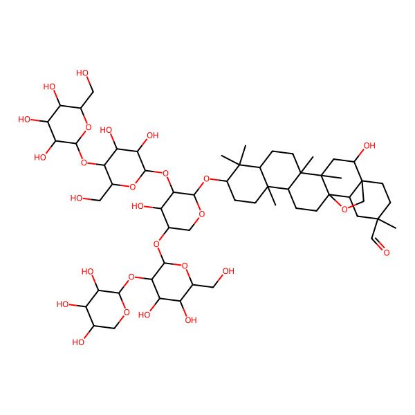 2D Structure of 10-[3-[3,4-Dihydroxy-6-(hydroxymethyl)-5-[3,4,5-trihydroxy-6-(hydroxymethyl)oxan-2-yl]oxyoxan-2-yl]oxy-5-[4,5-dihydroxy-6-(hydroxymethyl)-3-(3,4,5-trihydroxyoxan-2-yl)oxyoxan-2-yl]oxy-4-hydroxyoxan-2-yl]oxy-2-hydroxy-4,5,9,9,13,20-hexamethyl-24-oxahexacyclo[15.5.2.01,18.04,17.05,14.08,13]tetracosane-20-carbaldehyde