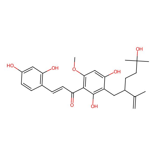 2D Structure of (E)-1-[2,4-dihydroxy-3-[(2R)-5-hydroxy-5-methyl-2-prop-1-en-2-ylhexyl]-6-methoxyphenyl]-3-(2,4-dihydroxyphenyl)prop-2-en-1-one