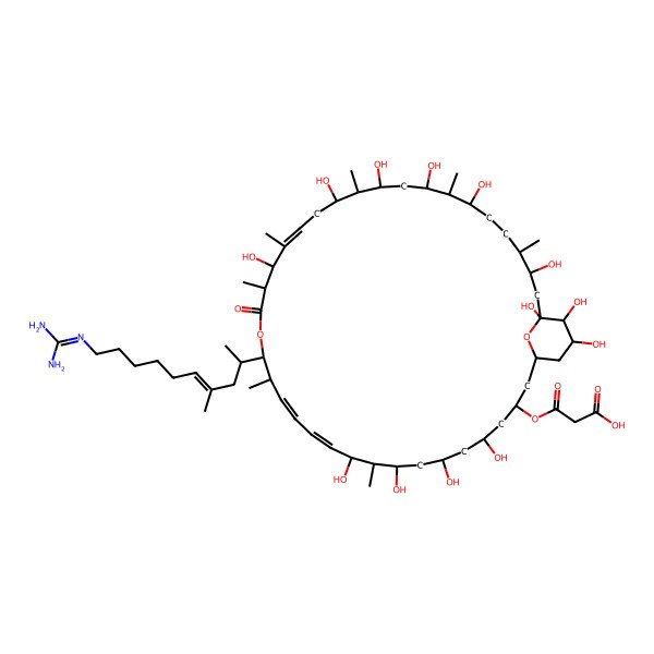 2D Structure of 3-[[(12E,14Z,22Z)-17-[(E)-10-(diaminomethylideneamino)-4-methyldec-4-en-2-yl]-5,7,9,11,21,25,27,29,31,35,37,38,39-tridecahydroxy-10,16,20,22,26,30,34-heptamethyl-19-oxo-18,41-dioxabicyclo[35.3.1]hentetraconta-12,14,22-trien-3-yl]oxy]-3-oxopropanoic acid