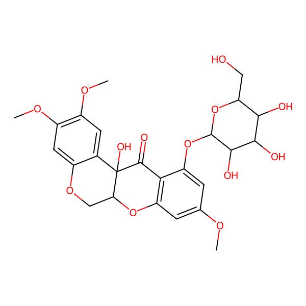 2D Structure of 12a-Hydroxy-2,3,9-trimethoxy-11-[3,4,5-trihydroxy-6-(hydroxymethyl)oxan-2-yl]oxy-6,6a-dihydrochromeno[3,4-b]chromen-12-one
