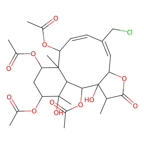 2D Structure of [(1S,2S,3S,4R,7S,8E,10Z,12S,13R,14S,16R,17S)-2,12,16-triacetyloxy-9-(chloromethyl)-3,17-dihydroxy-4,13,17-trimethyl-5-oxo-6-oxatricyclo[11.4.0.03,7]heptadeca-8,10-dien-14-yl] acetate