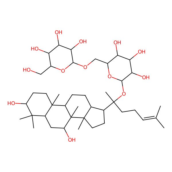 2D Structure of (2R,3R,4S,5S,6R)-2-[[(2R,3S,4S,5R,6S)-6-[(2S)-2-[(3S,5R,7S,8R,9R,10S,13R,14R,17S)-3,7-dihydroxy-4,4,8,10,14-pentamethyl-2,3,5,6,7,9,11,12,13,15,16,17-dodecahydro-1H-cyclopenta[a]phenanthren-17-yl]-6-methylhept-5-en-2-yl]oxy-3,4,5-trihydroxyoxan-2-yl]methoxy]-6-(hydroxymethyl)oxane-3,4,5-triol