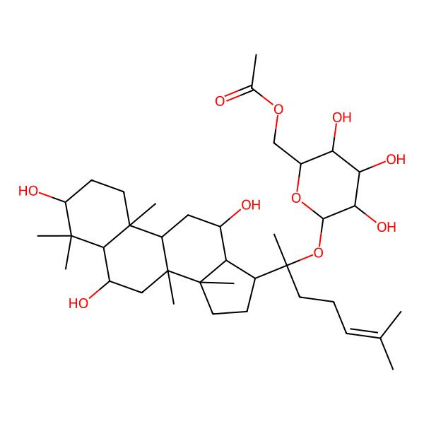 2D Structure of [(2R,3S,4S,5R,6S)-3,4,5-trihydroxy-6-[(2S)-6-methyl-2-[(3S,5R,6S,8R,9R,10R,12R,13R,14R,17S)-3,6,12-trihydroxy-4,4,8,10,14-pentamethyl-2,3,5,6,7,9,11,12,13,15,16,17-dodecahydro-1H-cyclopenta[a]phenanthren-17-yl]hept-5-en-2-yl]oxyoxan-2-yl]methyl acetate