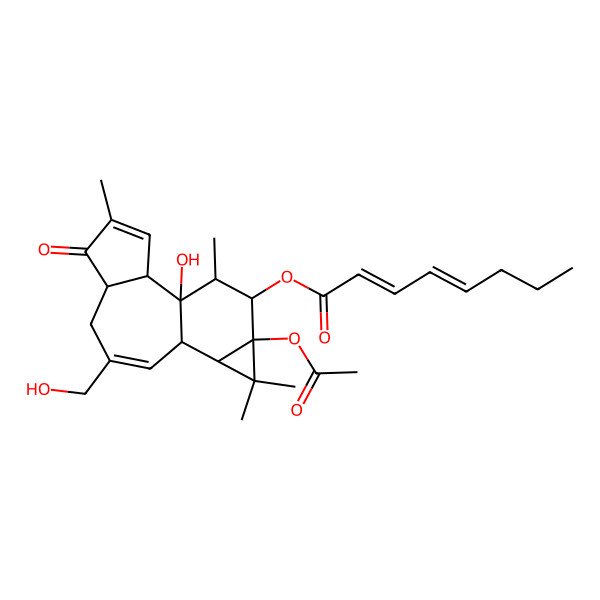 2D Structure of [(1S,2S,6R,10S,11R,13S,14R,15R)-13-acetyloxy-1-hydroxy-8-(hydroxymethyl)-4,12,12,15-tetramethyl-5-oxo-14-tetracyclo[8.5.0.02,6.011,13]pentadeca-3,8-dienyl] (2Z,4E)-octa-2,4-dienoate