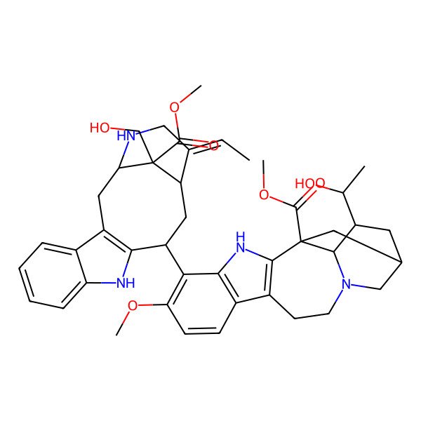 2D Structure of methyl (1S,15R,17S,18S)-5-[(1S,12R,14R,15E,18S)-15-ethylidene-18-(hydroxymethyl)-18-methoxycarbonyl-10,17-diazatetracyclo[12.3.1.03,11.04,9]octadeca-3(11),4,6,8-tetraen-12-yl]-17-[(1S)-1-hydroxyethyl]-6-methoxy-3,13-diazapentacyclo[13.3.1.02,10.04,9.013,18]nonadeca-2(10),4(9),5,7-tetraene-1-carboxylate