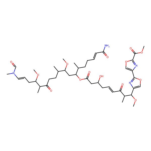 2D Structure of methyl 4-[4-[(E,1R,2R,7S)-9-[(2E,6S,7S,9S,10R,14S,15R,17E)-1-amino-18-[formyl(methyl)amino]-9,15-dimethoxy-6,10,14-trimethyl-1,13-dioxooctadeca-2,17-dien-7-yl]oxy-7-hydroxy-1-methoxy-2-methyl-3,9-dioxonon-4-enyl]-1,3-oxazol-2-yl]-1,3-oxazole-2-carboxylate