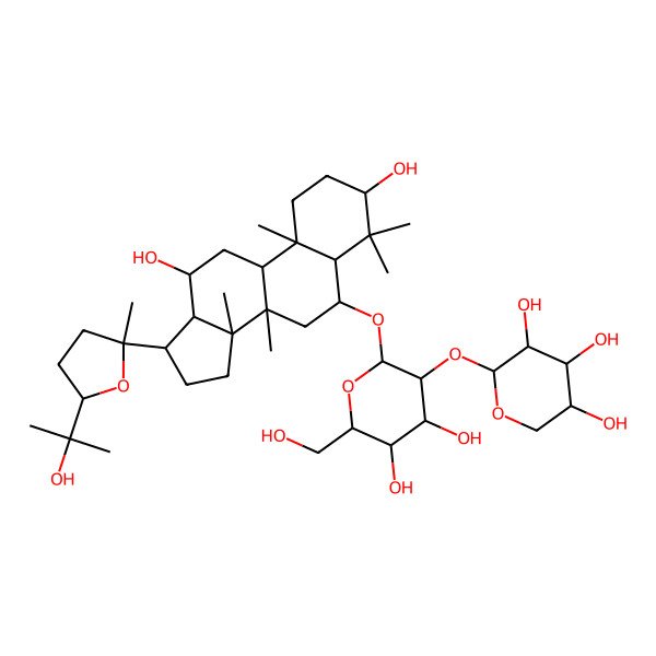 2D Structure of 2-[2-[[3,12-dihydroxy-17-[5-(2-hydroxypropan-2-yl)-2-methyloxolan-2-yl]-4,4,8,10,14-pentamethyl-2,3,5,6,7,9,11,12,13,15,16,17-dodecahydro-1H-cyclopenta[a]phenanthren-6-yl]oxy]-4,5-dihydroxy-6-(hydroxymethyl)oxan-3-yl]oxyoxane-3,4,5-triol