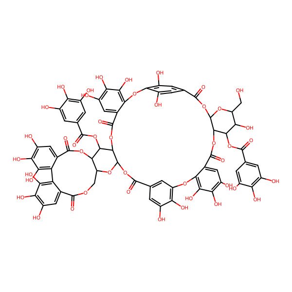 2D Structure of [(11R,12S,13R,31R,33S,50R,51S,52R,53R,55S)-4,5,6,18,19,20,23,24,25,38,39,43,44,45,52,60,61-heptadecahydroxy-53-(hydroxymethyl)-9,15,28,35,48,57-hexaoxo-12-(3,4,5-trihydroxybenzoyl)oxy-2,10,14,29,32,34,41,49,54,56-decaoxadecacyclo[56.2.2.136,40.03,8.011,33.013,31.016,21.022,27.042,47.050,55]trihexaconta-1(60),3,5,7,16,18,20,22,24,26,36,38,40(63),42,44,46,58,61-octadecaen-51-yl] 3,4,5-trihydroxybenzoate