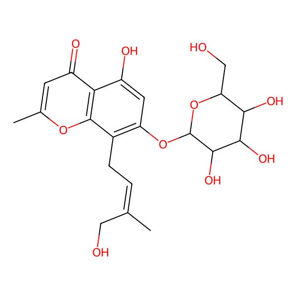 2D Structure of 5-hydroxy-8-[(E)-4-hydroxy-3-methylbut-2-enyl]-2-methyl-7-[(2S,3R,4S,5S,6R)-3,4,5-trihydroxy-6-(hydroxymethyl)oxan-2-yl]oxychromen-4-one
