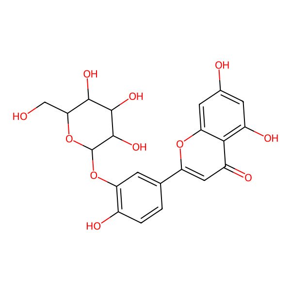 2D Structure of 5,7-dihydroxy-2-[4-hydroxy-3-[(2S,3S,4R,5R,6S)-3,4,5-trihydroxy-6-(hydroxymethyl)oxan-2-yl]oxyphenyl]chromen-4-one