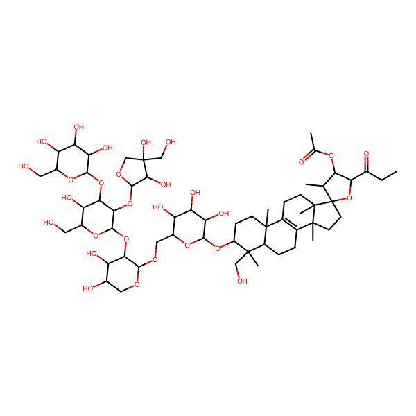 2D Structure of [(2'S,3S,3'R,4S,4'R,5R,10S,13S,14S,17S)-3-[(2R,3R,4S,5S,6R)-6-[[(2S,3R,4S,5S)-3-[(2S,3R,4S,5R,6R)-3-[(2S,3R,4R)-3,4-dihydroxy-4-(hydroxymethyl)oxolan-2-yl]oxy-5-hydroxy-6-(hydroxymethyl)-4-[(2S,3R,4S,5S,6R)-3,4,5-trihydroxy-6-(hydroxymethyl)oxan-2-yl]oxyoxan-2-yl]oxy-4,5-dihydroxyoxan-2-yl]oxymethyl]-3,4,5-trihydroxyoxan-2-yl]oxy-4-(hydroxymethyl)-4,4',10,13,14-pentamethyl-2'-propanoylspiro[1,2,3,5,6,7,11,12,15,16-decahydrocyclopenta[a]phenanthrene-17,5'-oxolane]-3'-yl] acetate