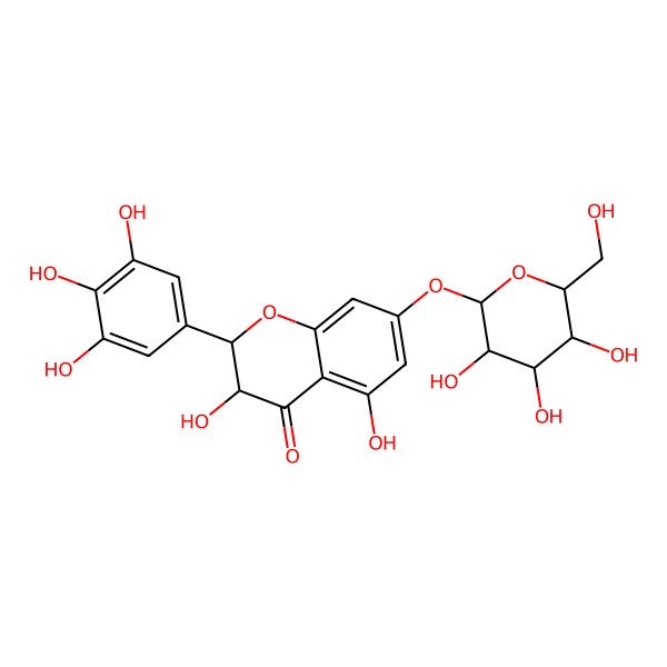 2D Structure of (2S,3R)-3,5-dihydroxy-7-[(2S,3R,4S,5S,6R)-3,4,5-trihydroxy-6-(hydroxymethyl)oxan-2-yl]oxy-2-(3,4,5-trihydroxyphenyl)-2,3-dihydrochromen-4-one