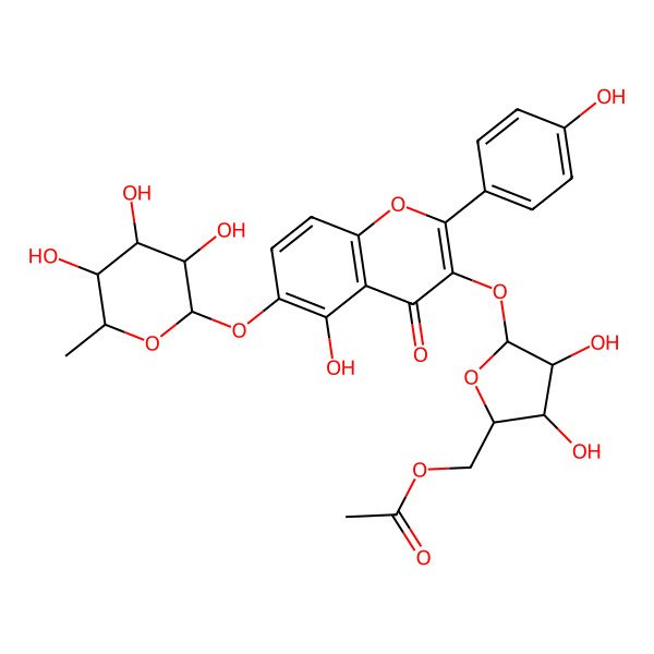 2D Structure of [(2S,3R,4R,5S)-3,4-dihydroxy-5-[5-hydroxy-2-(4-hydroxyphenyl)-4-oxo-6-[(2S,3R,4R,5R,6S)-3,4,5-trihydroxy-6-methyloxan-2-yl]oxychromen-3-yl]oxyoxolan-2-yl]methyl acetate