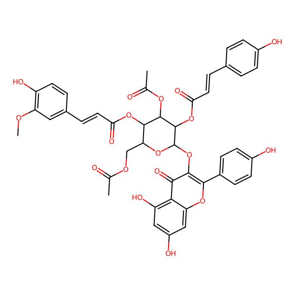 2D Structure of [(2S,3R,4S,5R,6R)-4-acetyloxy-6-(acetyloxymethyl)-2-[5,7-dihydroxy-2-(4-hydroxyphenyl)-4-oxochromen-3-yl]oxy-5-[(E)-3-(4-hydroxy-3-methoxyphenyl)prop-2-enoyl]oxyoxan-3-yl] (Z)-3-(4-hydroxyphenyl)prop-2-enoate