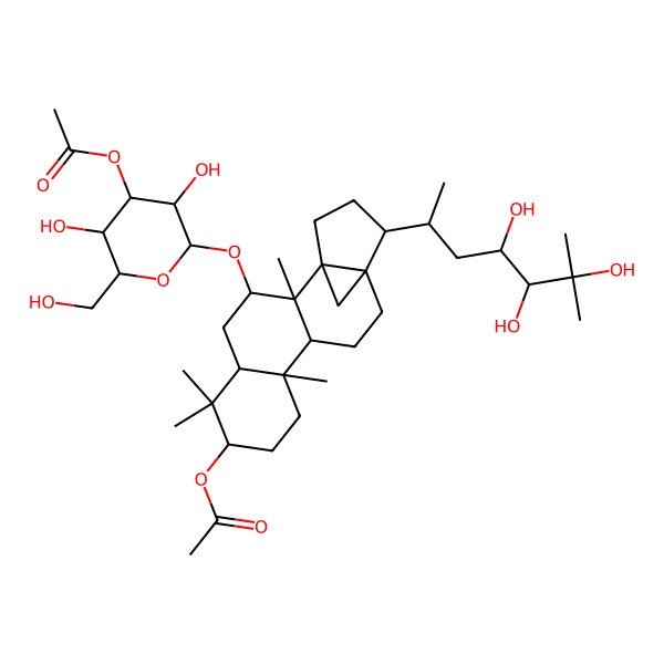 2D Structure of [(1S,2R,3R,5R,7R,10S,11R,14R,15S)-3-[(2R,3R,4S,5R,6R)-4-acetyloxy-3,5-dihydroxy-6-(hydroxymethyl)oxan-2-yl]oxy-2,6,6,10-tetramethyl-15-[(2S,4R,5S)-4,5,6-trihydroxy-6-methylheptan-2-yl]-7-pentacyclo[12.3.1.01,14.02,11.05,10]octadecanyl] acetate