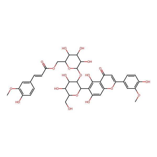 2D Structure of [(2R,3S,4S,5R,6R)-6-[(2S,3R,4S,5S,6R)-2-[5,7-dihydroxy-2-(4-hydroxy-3-methoxyphenyl)-4-oxochromen-6-yl]-4,5-dihydroxy-6-(hydroxymethyl)oxan-3-yl]oxy-3,4,5-trihydroxyoxan-2-yl]methyl (E)-3-(4-hydroxy-3-methoxyphenyl)prop-2-enoate