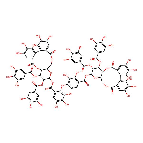 2D Structure of [(10R,11S,12R,13S,15R)-3,4,5,21,22,23-hexahydroxy-8,18-dioxo-11,12-bis[(3,4,5-trihydroxybenzoyl)oxy]-9,14,17-trioxatetracyclo[17.4.0.02,7.010,15]tricosa-1(23),2,4,6,19,21-hexaen-13-yl] 2-[4-[[(10R,11S,12R,13S,15R)-3,4,5,21,22,23-hexahydroxy-8,18-dioxo-11,12-bis[(3,4,5-trihydroxybenzoyl)oxy]-9,14,17-trioxatetracyclo[17.4.0.02,7.010,15]tricosa-1(23),2,4,6,19,21-hexaen-13-yl]oxycarbonyl]-2,3-dihydroxyphenoxy]-3,4,5-trihydroxybenzoate