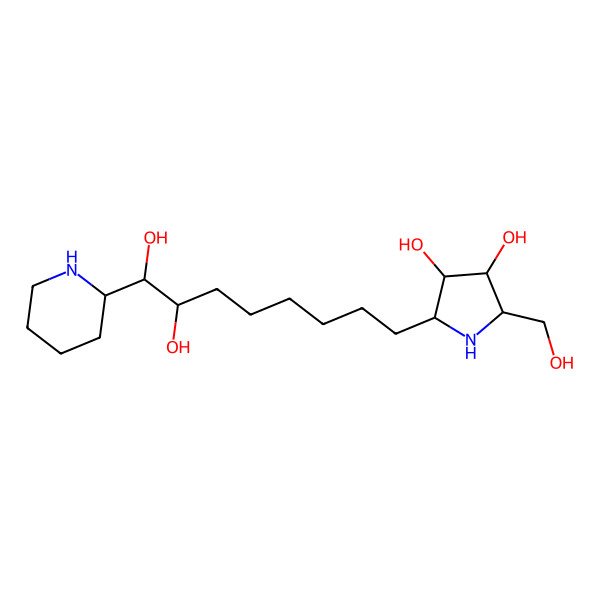 2D Structure of (2R,3R,4R,5R)-2-[(7S,8S)-7,8-dihydroxy-8-[(2R)-piperidin-2-yl]octyl]-5-(hydroxymethyl)pyrrolidine-3,4-diol