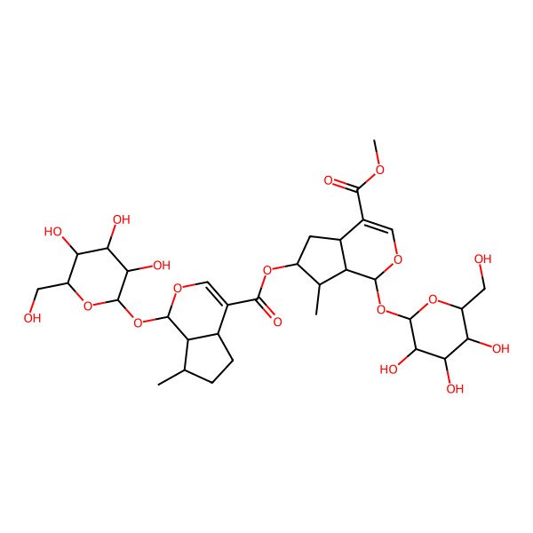2D Structure of methyl (1S,4aS,6S,7R,7aS)-6-[(1S,4aS,7S,7aR)-7-methyl-1-[(2S,3R,4S,5S,6R)-3,4,5-trihydroxy-6-(hydroxymethyl)oxan-2-yl]oxy-1,4a,5,6,7,7a-hexahydrocyclopenta[c]pyran-4-carbonyl]oxy-7-methyl-1-[(2S,3R,4S,5S,6R)-3,4,5-trihydroxy-6-(hydroxymethyl)oxan-2-yl]oxy-1,4a,5,6,7,7a-hexahydrocyclopenta[c]pyran-4-carboxylate