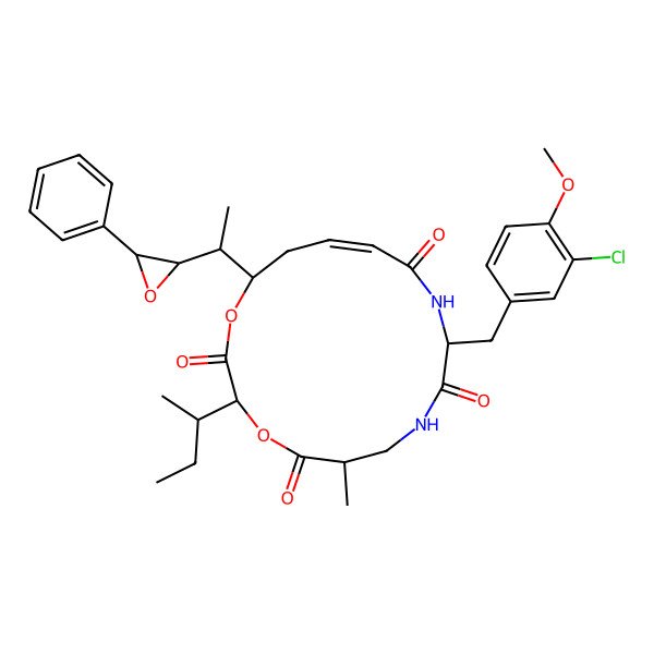 2D Structure of 3-Butan-2-yl-10-[(3-chloro-4-methoxyphenyl)methyl]-6-methyl-16-[1-(3-phenyloxiran-2-yl)ethyl]-1,4-dioxa-8,11-diazacyclohexadec-13-ene-2,5,9,12-tetrone