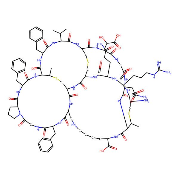 2D Structure of (4S,16S,22S,25S,37S,41R,44R,47S,50S,65S)-44-amino-37-(2-amino-2-oxoethyl)-50-(3-amino-3-oxopropyl)-4,16,22-tribenzyl-47-(3-carbamimidamidopropyl)-31-[(R)-carboxy(hydroxy)methyl]-41,70-dimethyl-2,5,8,14,17,20,23,26,29,32,35,38,45,48,51,54,57,67-octadecaoxo-25-propan-2-yl-42,69,72-trithia-3,6,9,15,18,21,24,27,30,33,36,39,46,49,52,55,58,60,66-nonadecazapentacyclo[38.18.9.319,56.328,53.09,13]triheptacontane-65-carboxylic acid