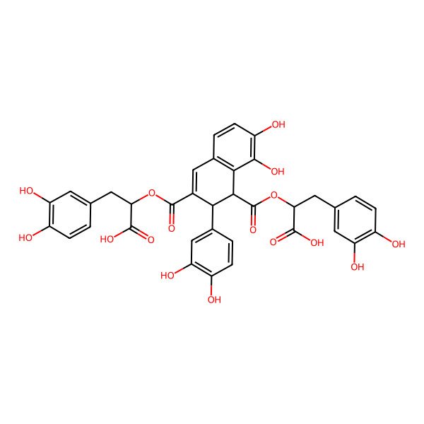 2D Structure of (2S)-2-[(1R,2S)-3-[(1S)-1-carboxy-2-(3,4-dihydroxyphenyl)ethoxy]carbonyl-2-(3,4-dihydroxyphenyl)-7,8-dihydroxy-1,2-dihydronaphthalene-1-carbonyl]oxy-3-(3,4-dihydroxyphenyl)propanoic acid