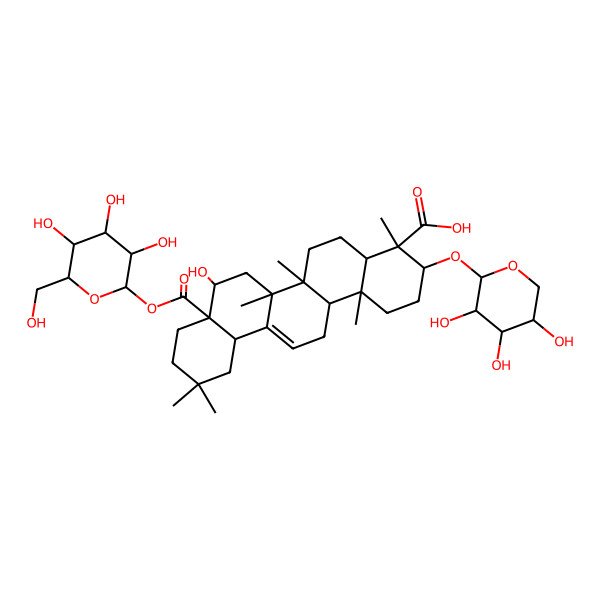 2D Structure of 8-Hydroxy-4,6a,6b,11,11,14b-hexamethyl-8a-[3,4,5-trihydroxy-6-(hydroxymethyl)oxan-2-yl]oxycarbonyl-3-(3,4,5-trihydroxyoxan-2-yl)oxy-1,2,3,4a,5,6,7,8,9,10,12,12a,14,14a-tetradecahydropicene-4-carboxylic acid