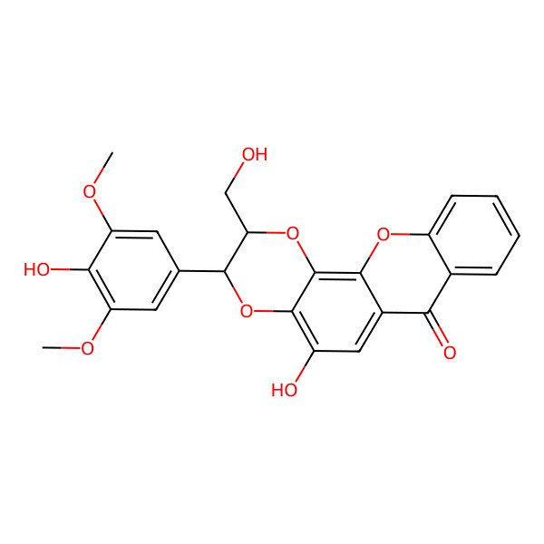 2D Structure of 5-Hydroxy-3-(4-hydroxy-3,5-dimethoxyphenyl)-2-(hydroxymethyl)-2,3-dihydro-[1,4]dioxino[2,3-c]xanthen-7-one