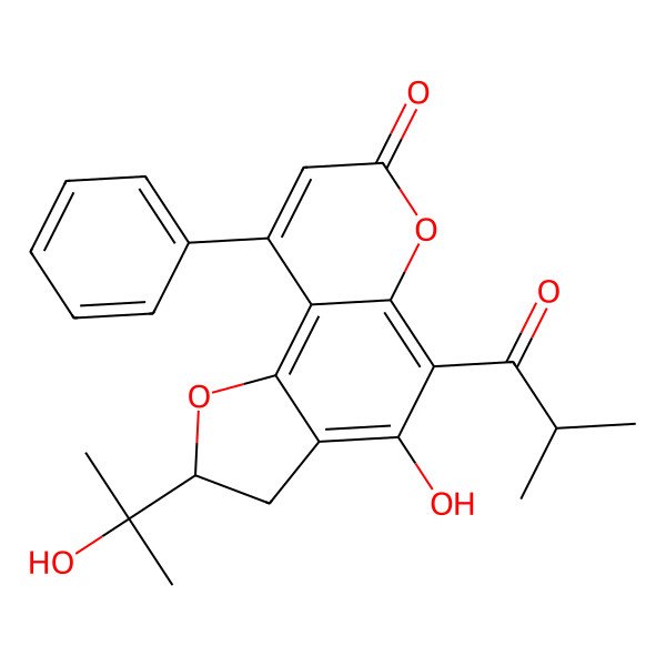 2D Structure of (2S)-4-hydroxy-2-(2-hydroxypropan-2-yl)-5-(2-methylpropanoyl)-9-phenyl-2,3-dihydrofuro[2,3-f]chromen-7-one