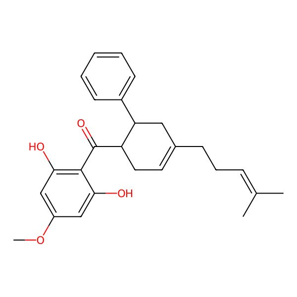 2D Structure of Methanone, (2,6-dihydroxy-4-methoxyphenyl)[(1R,6R)-4-(4-methyl-3-pentenyl)-6-phenyl-3-cyclohexen-1-yl]-, rel-