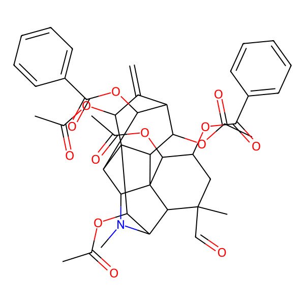 2D Structure of [(1R,2S,3S,4S,5S,7R,8S,9R,11R,12S,13R,14R,16S,17R,18S)-4,16,17,18-tetraacetyloxy-13-benzoyloxy-7-formyl-7,10-dimethyl-15-methylidene-10-azahexacyclo[7.7.1.12,14.01,12.03,8.03,11]octadecan-5-yl] benzoate
