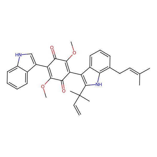 2D Structure of 2-(1H-indol-3-yl)-3,6-dimethoxy-5-[2-(2-methylbut-3-en-2-yl)-7-(3-methylbut-2-enyl)-1H-indol-3-yl]cyclohexa-2,5-diene-1,4-dione