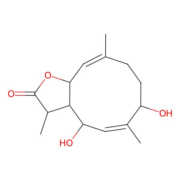 2D Structure of (3S,3aR,4S,5Z,7S,10E,11aR)-4,7-dihydroxy-3,6,10-trimethyl-3a,4,7,8,9,11a-hexahydro-3H-cyclodeca[b]furan-2-one