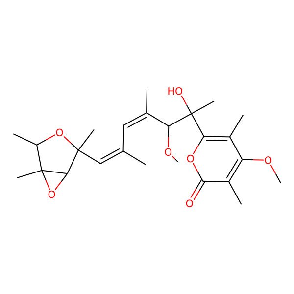2D Structure of 6-[2-Hydroxy-3-methoxy-4,6-dimethyl-7-(2,4,5-trimethyl-3,6-dioxabicyclo[3.1.0]hexan-2-yl)hepta-4,6-dien-2-yl]-4-methoxy-3,5-dimethylpyran-2-one