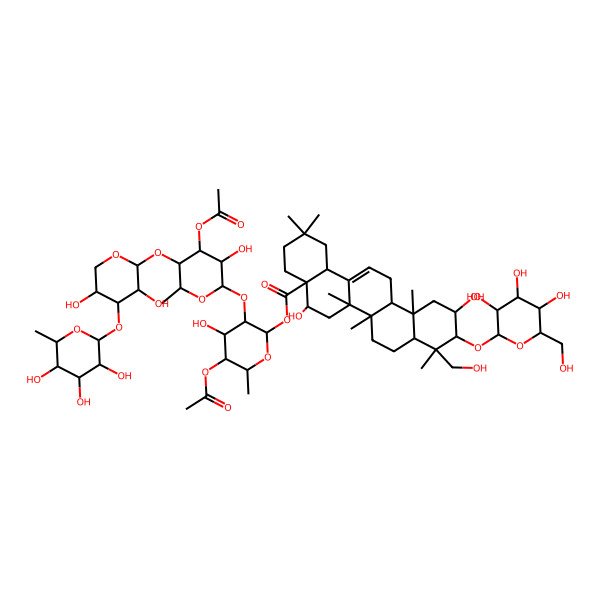 2D Structure of [5-Acetyloxy-3-[4-acetyloxy-5-[3,5-dihydroxy-4-(3,4,5-trihydroxy-6-methyloxan-2-yl)oxyoxan-2-yl]oxy-3-hydroxy-6-methyloxan-2-yl]oxy-4-hydroxy-6-methyloxan-2-yl] 5,11-dihydroxy-9-(hydroxymethyl)-2,2,6a,6b,9,12a-hexamethyl-10-[3,4,5-trihydroxy-6-(hydroxymethyl)oxan-2-yl]oxy-1,3,4,5,6,6a,7,8,8a,10,11,12,13,14b-tetradecahydropicene-4a-carboxylate
