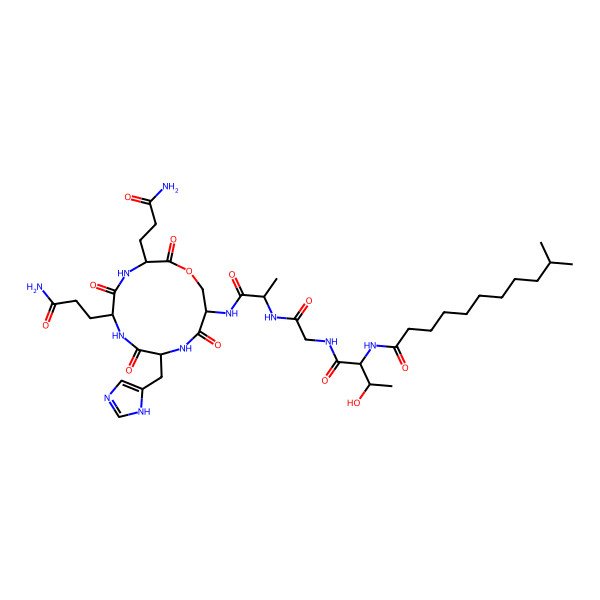 2D Structure of N-[(2S,3R)-1-[[2-[[(2S)-1-[[(3S,6S,9S,12S)-3,6-bis(3-amino-3-oxopropyl)-9-(1H-imidazol-5-ylmethyl)-2,5,8,11-tetraoxo-1-oxa-4,7,10-triazacyclotridec-12-yl]amino]-1-oxopropan-2-yl]amino]-2-oxoethyl]amino]-3-hydroxy-1-oxobutan-2-yl]-10-methylundecanamide