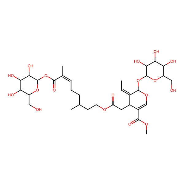 2D Structure of methyl (4S,5E,6S)-4-[2-[(E)-3,7-dimethyl-8-oxo-8-[(2S,3R,4S,5S,6R)-3,4,5-trihydroxy-6-(hydroxymethyl)oxan-2-yl]oxyoct-6-enoxy]-2-oxoethyl]-5-ethylidene-6-[(2S,3R,4S,5S,6R)-3,4,5-trihydroxy-6-(hydroxymethyl)oxan-2-yl]oxy-4H-pyran-3-carboxylate