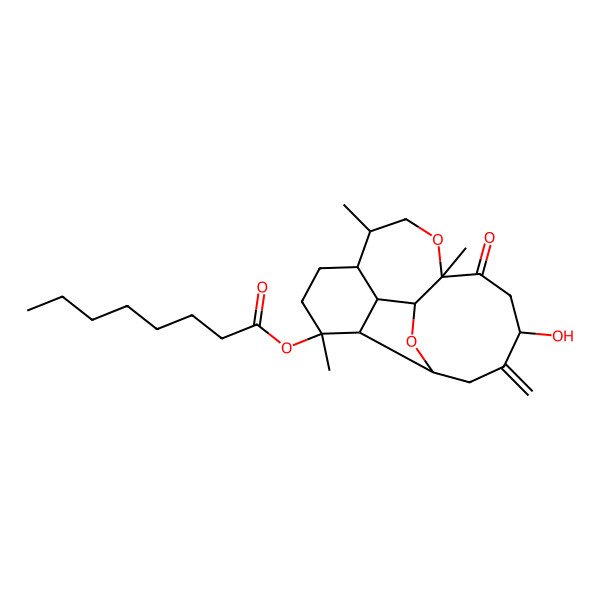 2D Structure of (14-Hydroxy-4,8,11-trimethyl-15-methylidene-12-oxo-10,18-dioxatetracyclo[9.7.0.02,7.03,17]octadecan-4-yl) octanoate