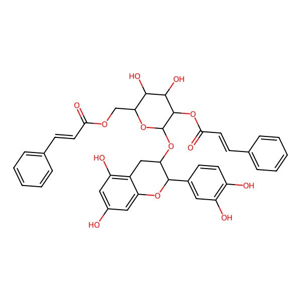 2D Structure of [(2R,3S,4S,5R,6R)-6-[[(2R,3S)-2-(3,4-dihydroxyphenyl)-5,7-dihydroxy-3,4-dihydro-2H-chromen-3-yl]oxy]-3,4-dihydroxy-5-[(E)-3-phenylprop-2-enoyl]oxyoxan-2-yl]methyl (E)-3-phenylprop-2-enoate