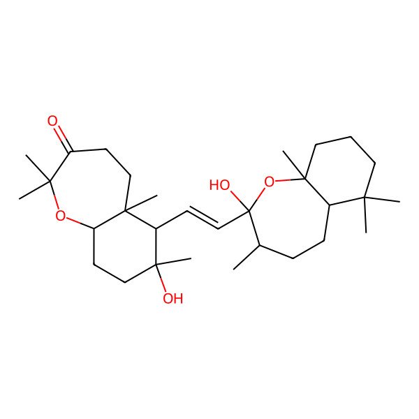 2D Structure of (5aR,6S,7S,9aR)-6-[(E)-2-[(2R,3R,5aR,9aR)-2-hydroxy-3,6,6,9a-tetramethyl-4,5,5a,7,8,9-hexahydro-3H-benzo[b]oxepin-2-yl]ethenyl]-7-hydroxy-2,2,5a,7-tetramethyl-4,5,6,8,9,9a-hexahydrobenzo[b]oxepin-3-one