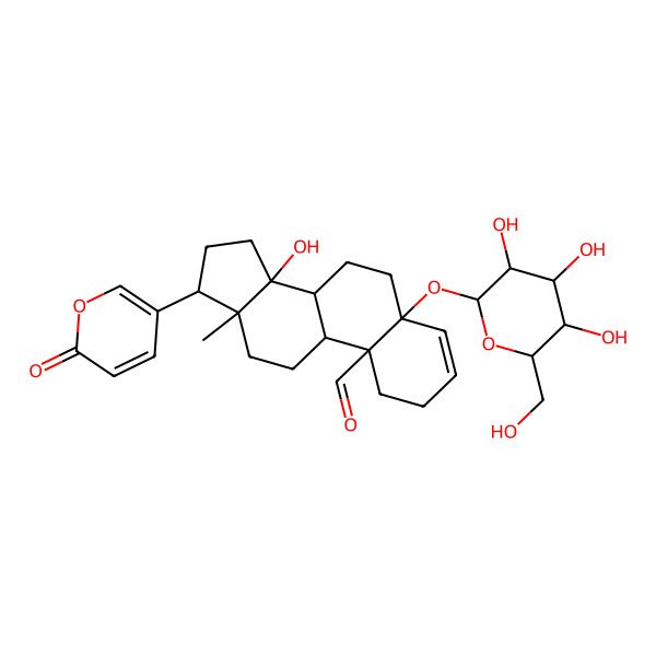 2D Structure of 14-hydroxy-13-methyl-17-(6-oxopyran-3-yl)-5-[3,4,5-trihydroxy-6-(hydroxymethyl)oxan-2-yl]oxy-2,6,7,8,9,11,12,15,16,17-decahydro-1H-cyclopenta[a]phenanthrene-10-carbaldehyde