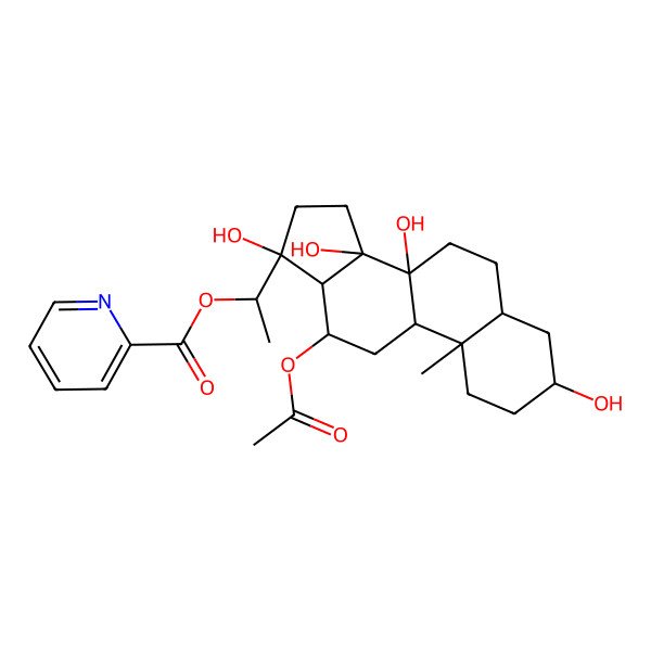 2D Structure of [(1S)-1-[(3S,5S,8S,9S,10S,12R,13S,14R,17S)-12-acetyloxy-3,8,14,17-tetrahydroxy-10-methyl-2,3,4,5,6,7,9,11,12,13,15,16-dodecahydro-1H-cyclopenta[a]phenanthren-17-yl]ethyl] pyridine-2-carboxylate