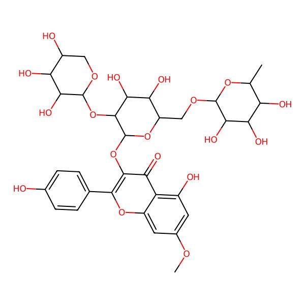 2D Structure of 3-[(2S,3R,4S,5S,6R)-4,5-dihydroxy-6-[[(2R,3R,4R,5R,6S)-3,4,5-trihydroxy-6-methyloxan-2-yl]oxymethyl]-3-[(2S,3R,4S,5R)-3,4,5-trihydroxyoxan-2-yl]oxyoxan-2-yl]oxy-5-hydroxy-2-(4-hydroxyphenyl)-7-methoxychromen-4-one