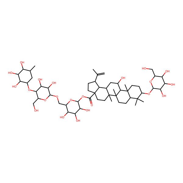 2D Structure of [(2S,3R,4S,5S,6R)-6-[[(2R,3R,4R,5S,6R)-3,4-dihydroxy-6-(hydroxymethyl)-5-[(1R,2R,3R,4S,5R)-2,3,4-trihydroxy-5-methylcyclohexyl]oxyoxan-2-yl]oxymethyl]-3,4,5-trihydroxyoxan-2-yl] (1R,3aS,5aR,5bR,7aR,9R,11aS,11bR,12R,13aR,13bR)-12-hydroxy-5a,5b,8,8,11a-pentamethyl-1-prop-1-en-2-yl-9-[(2R,3R,4S,5S,6R)-3,4,5-trihydroxy-6-(hydroxymethyl)oxan-2-yl]oxy-1,2,3,4,5,6,7,7a,9,10,11,11b,12,13,13a,13b-hexadecahydrocyclopenta[a]chrysene-3a-carboxylate