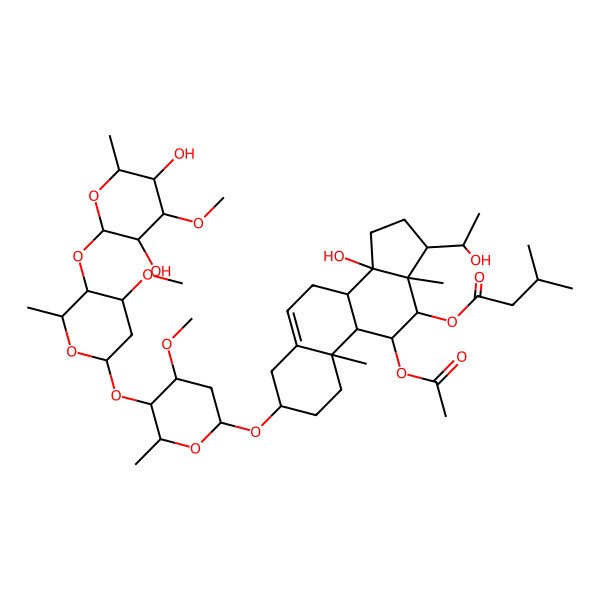 2D Structure of [(3R,8S,9S,10R,11S,12S,13S,14R,17R)-11-acetyloxy-3-[(2R,4S,5R,6R)-5-[(2S,4S,5R,6R)-5-[(2S,3R,4R,5R,6R)-3,5-dihydroxy-4-methoxy-6-methyloxan-2-yl]oxy-4-methoxy-6-methyloxan-2-yl]oxy-4-methoxy-6-methyloxan-2-yl]oxy-14-hydroxy-17-[(1R)-1-hydroxyethyl]-10,13-dimethyl-1,2,3,4,7,8,9,11,12,15,16,17-dodecahydrocyclopenta[a]phenanthren-12-yl] 3-methylbutanoate