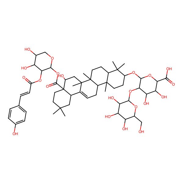 2D Structure of (2S,3S,4S,5R,6S)-6-[[(3S,4aR,6aR,6bS,8R,8aR,12aS,14aR,14bR)-8a-[(2R,3R,4S,5R)-4,5-dihydroxy-3-[(E)-3-(4-hydroxyphenyl)prop-2-enoyl]oxyoxan-2-yl]oxycarbonyl-8-hydroxy-4,4,6a,6b,11,11,14b-heptamethyl-1,2,3,4a,5,6,7,8,9,10,12,12a,14,14a-tetradecahydropicen-3-yl]oxy]-3,4-dihydroxy-5-[(2R,3R,4S,5R,6R)-3,4,5-trihydroxy-6-(hydroxymethyl)oxan-2-yl]oxyoxane-2-carboxylic acid